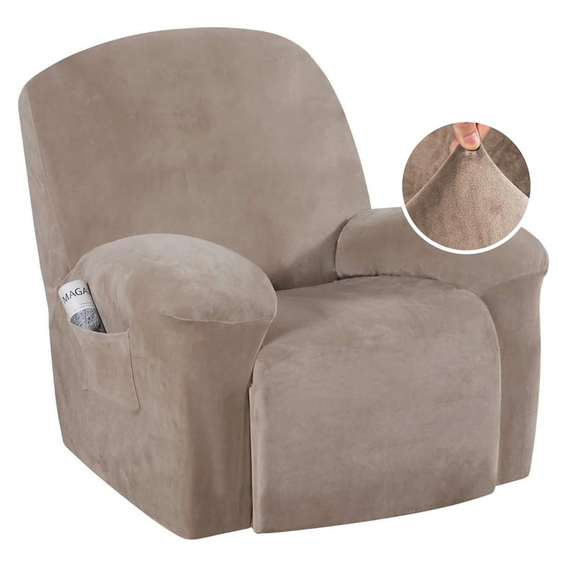 H.VERSAILTEX Real Velvet Recliner Couch Cover Stretch Slip Cover for Recliner Chairs 1 Piece Non Slip Covers for Recliner Chair with Pocket, Washable Reclining Chair for Kids, Pets (Taupe, Large) - Image 1